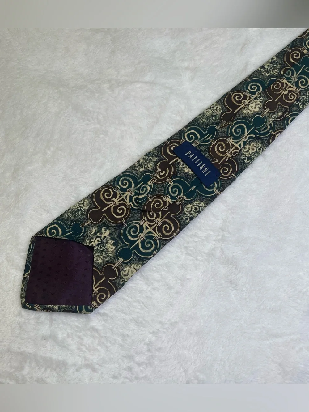 PATTINI Mens Vintage Silk Necktie Extra Long Geometric Swirl Teal Brown XL